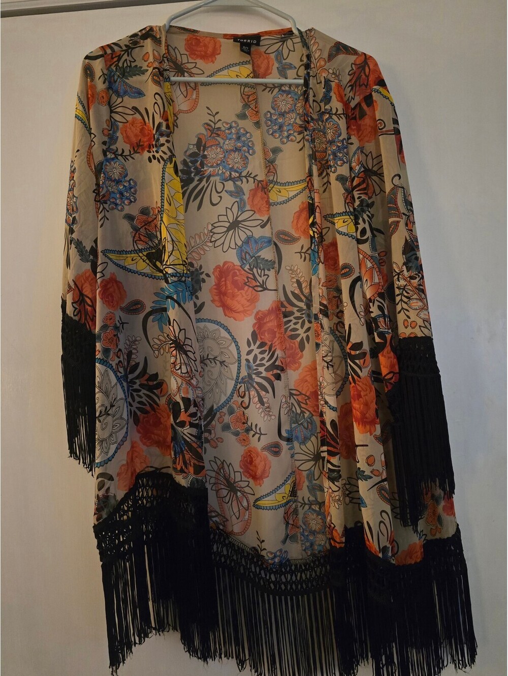 Torrid Floral Paisley Fringe Kimono Cardigan Size 0/1 Open Front Boho Duster